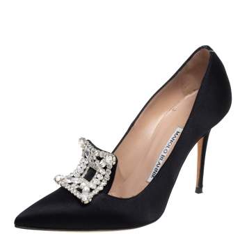 Pre Owned Manolo Blahnik Black Satin Borlak Pumps Size 36.5