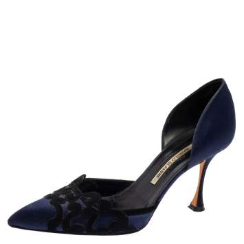 Pre Owned Manolo Blahnik Navy Blue Satin and Suede Embroidered D'Orsay Pointed Toe Pumps Size 39