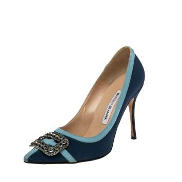 Pre Owned Manolo Blahnik Navy Blue Fabric And Canvas Hangisi Pumps Size 37