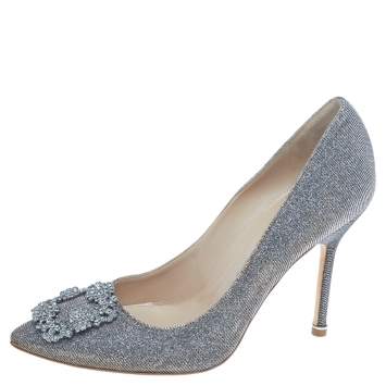 Pre Owned Manolo Blahnik Multicolor Glitter Fabric Hangisi Crystal Embellished Pumps Size 38