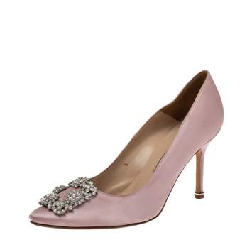 Pre Owned Manolo Blahnik Pink Satin Hangisi Crystal Embellished Pointed Toe Pumps Size 36.5