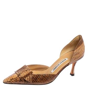 Pre Owned Manolo Blahnik Brown Snakeskin Leather D`Orsay  Pumps Size 37