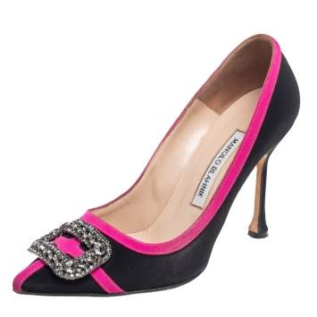 Pre Owned Manolo Blahnik Black/Pink Satin Okkava Crystal Embellished Pumps Size 37
