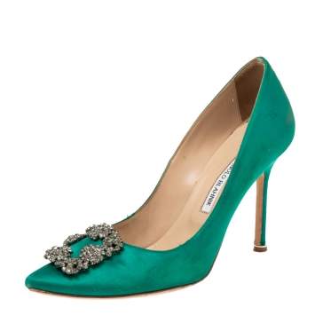 Pre Owned Manolo Blahnik Green Satin Hangisi Pumps Size 40