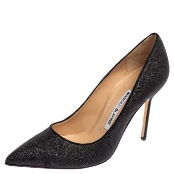 Pre Owned Manolo Blahnik Black Glitter Pointed Toe Pumps Size 36.5