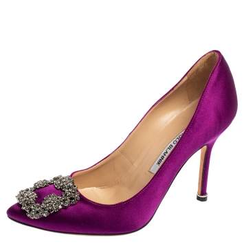 Pre Owned Manolo Blahnik Purple Satin Hangisi Crystal Embellishments Pumps Size 36.5