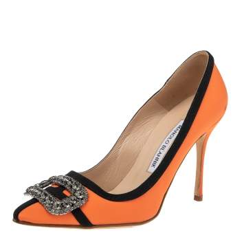 Pre Owned Manolo Blahnik Orange/Black Satin Gotrian Crystal Embellished Pumps Size 36.5