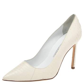 Pre Owned Manolo Blahnik White Python Leather BB Pointed Toe Pumps Size 36