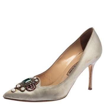 Pre Owned Manolo Blahnik Grey Satin  'Eufrasia' Pumps Size 38