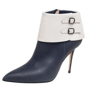 Pre Owned Manolo Blahnik Blue/White Leather Buckle Pointed Toe Ankle Boots Size 36