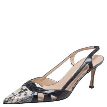 Pre Owned Manolo Blahnik Dark Grey, Beige Patent Leather And Python Leather Pointed Toe Slingback Sandals Size 40 