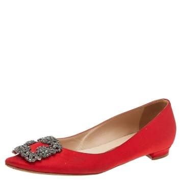 Pre Owned Manolo Blahnik Red Satin Hangisi Ballet Flats Size 35.5