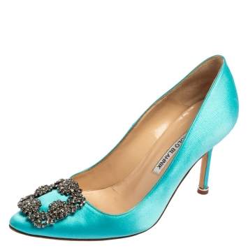 Pre Owned Manolo Blahnik Blue Satin Hangisi Embellished Pumps Size 36.5