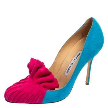 Pre Owned Manolo Blahnik Blue/Pink Suede Leather Arleti Frill Pumps Size 37.5