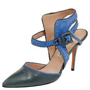 Pre Owned Manolo Blahnik Green/Blue Leather And Suede Ankle Strap Sandals Size 39