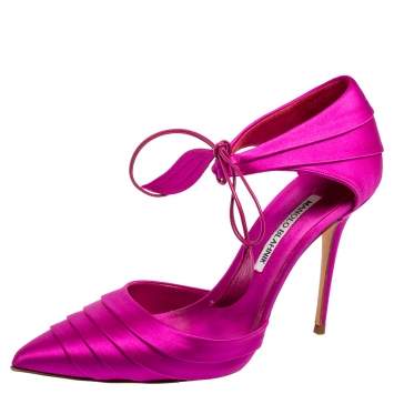 Pre Owned Manolo Blahnik Fuchsia Satin Reya Pumps Size 37