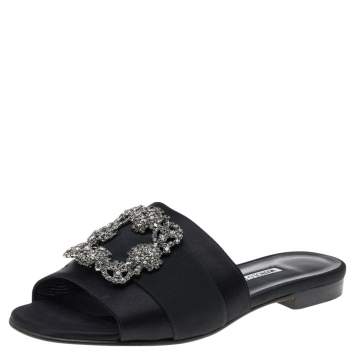 Pre Owned Manolo Blahnik Black Satin Crystal Martamod Flat Slide Sandals Size 38.5