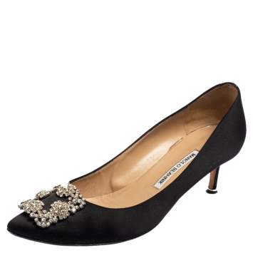 Pre Owned Manolo Blahnik Black Satin Hangisi Pumps Size 40