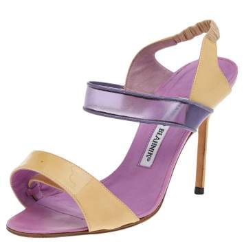Pre Owned Manolo Blahnik Purple/Beige Patent Leather And PVC Slingback Sandals Size 36