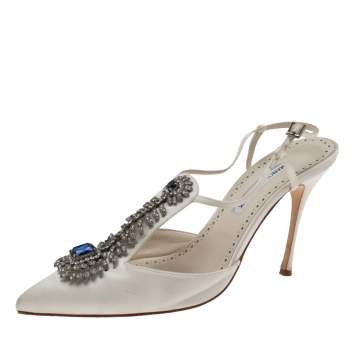 Pre Owned Manolo Blahnik White Satin Crystal Embellished  Slingback Sandals  Size 40
