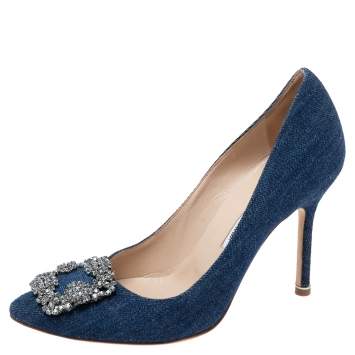 Pre Owned Manolo Blahnik Blue Denim Hangisi Pumps Size 38