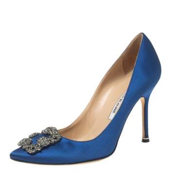 Pre Owned Manolo Blahnik Royal Blue Satin Hangisi Pumps Size 37.5