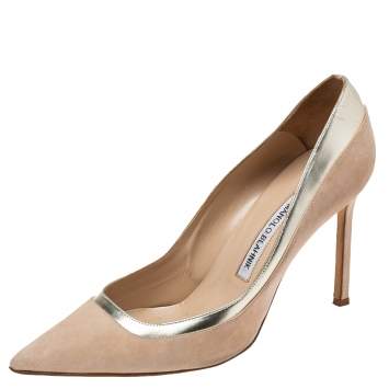 Pre Owned Manolo Blahnik Pale Pink/Gold Suede And Leather Pointed Toe Pumps Size 39