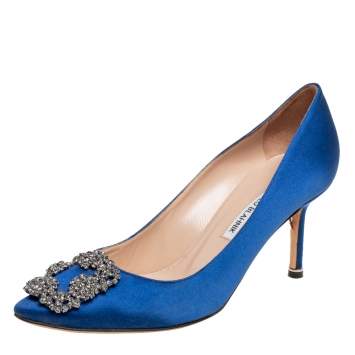 Pre Owned Manolo Blahnik Royal Blue Satin Hangisi Pumps Size 38