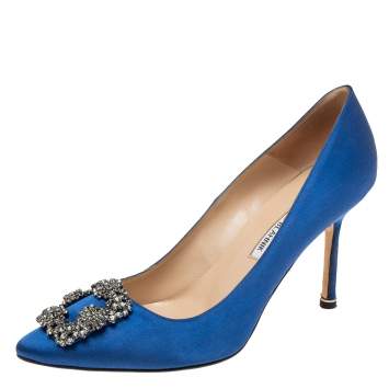 Pre Owned Manolo Blahnik Royal Blue Satin Hangisi Pumps Size 38.5