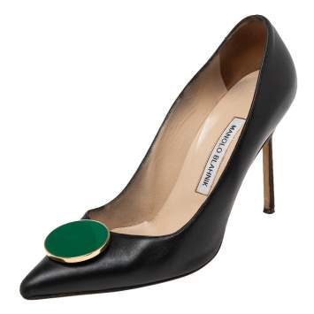 Pre Owned Manolo Blahnik Black Leather Embellished Pointed Toe Pumps Size 38.5