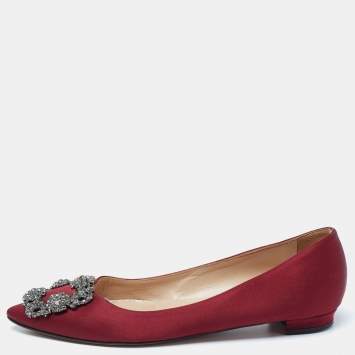 Pre Owned Manolo Blahnik Burgundy Satin Hangisi Pointed Toe Ballet Flats Size 35.5