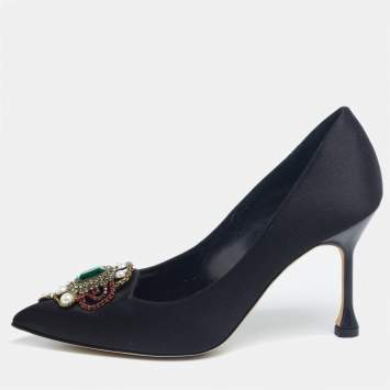 Pre Owned Manolo Blahnik Black Satin Embellished Pointed Toe  Pumps Size 35.5