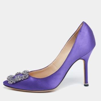 Pre Owned Manolo Blahnik Purple Satin Crystal Embellished Hangisi  Pumps Size 35.5