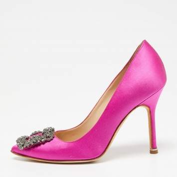 Pre Owned Manolo Blahnik Magenta Satin Hangisi Pumps Size 35