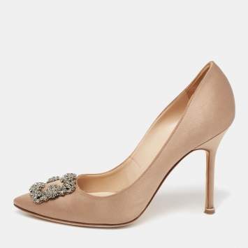 Pre Owned Manolo Blahnik Taupe Satin Hangisi Pumps Size 40