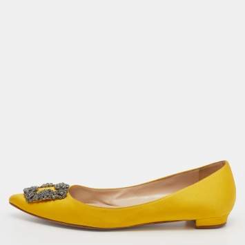 Pre Owned Manolo Blahnik Yellow Satin Hangisi Crystal Embellished Ballet Flats Size 38.5
