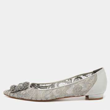 Pre Owned Manolo Blahnik Grey Lace and Satin Hangisi Ballet Flats Size 40.5