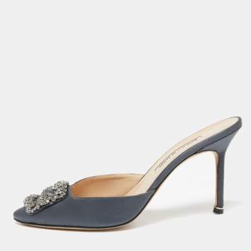 Pre Owned Manolo Blahnik Grey Satin Hangisi Mule Sandals Size 40