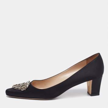 Pre Owned Manolo Blahnik Black Satin Okkato Crystal Embellished Block Heel Pumps Size 41