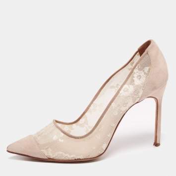 Pre Owned Manolo Blahnik Beige Suede and Lace Pointed-Toe Pumps Size 40