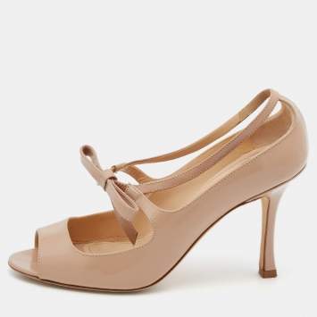 Pre Owned Manolo Blahnik Beige Patent Leather Bow Peep Toe Pumps Size 36