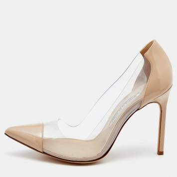 Pre Owned Manolo Blahnik Beige Patent Leather And PVC Pointed Toe Pumps Size 38
