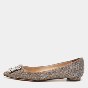 Pre Owned Manolo Blahnik Metallic Gold Lurex Fabric Hangisi Crystal Embellishments Ballet Flats Size 39.5