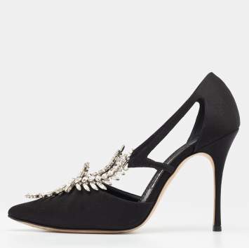 Pre Owned Manolo Blahnik Black Satin Lala Embellished Pumps Size 38.5