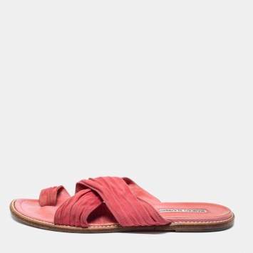 Pre Owned Manolo Blahnik Pink Suede Crisscross Flat Sandals Size 39.5 