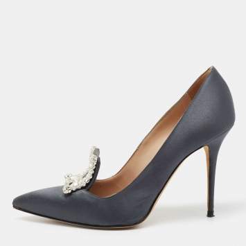 Pre Owned Manolo Blahnik Grey Satin Crystal Embellished Borlak Pumps Size 39.5