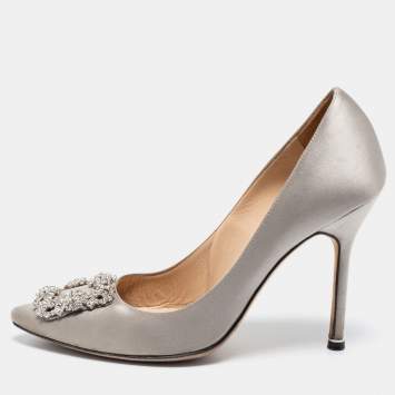 Pre Owned Manolo Blahnik Grey Satin Hangisi Pumps Size 39