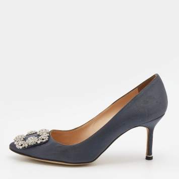 Pre Owned Manolo Blahnik Grey Satin Hangisi Crystal Embellished Pumps Size 37