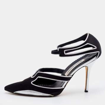 Pre Owned Manolo Blahnik Black/Silver Satin And Leather Cut Out Pumps Size 40.5