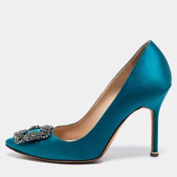 Pre Owned Manolo Blahnik Teal Blue Satin Hangisi Crystal Embellished Pumps Size 36.5